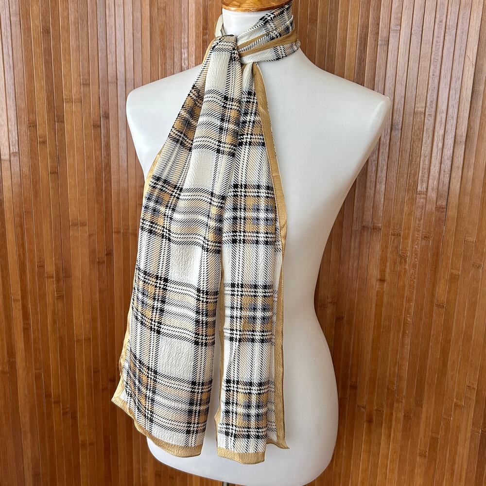 Vintage 80s Echo Silk Scarf - Tan & Light Blue Check Plaid